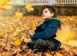 Where To See Fall Foliage in November: Philly and Southeast U.S. Child sitting thoughtfully among bright yellow fall leaves