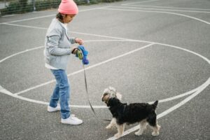 A girl walking a dog