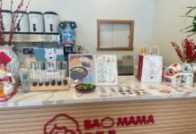 Counter full of goodies at Bao Mama in Cherry Hill, New Jersey, which has Chinese bao buns, dumplings, bubble waffles and more